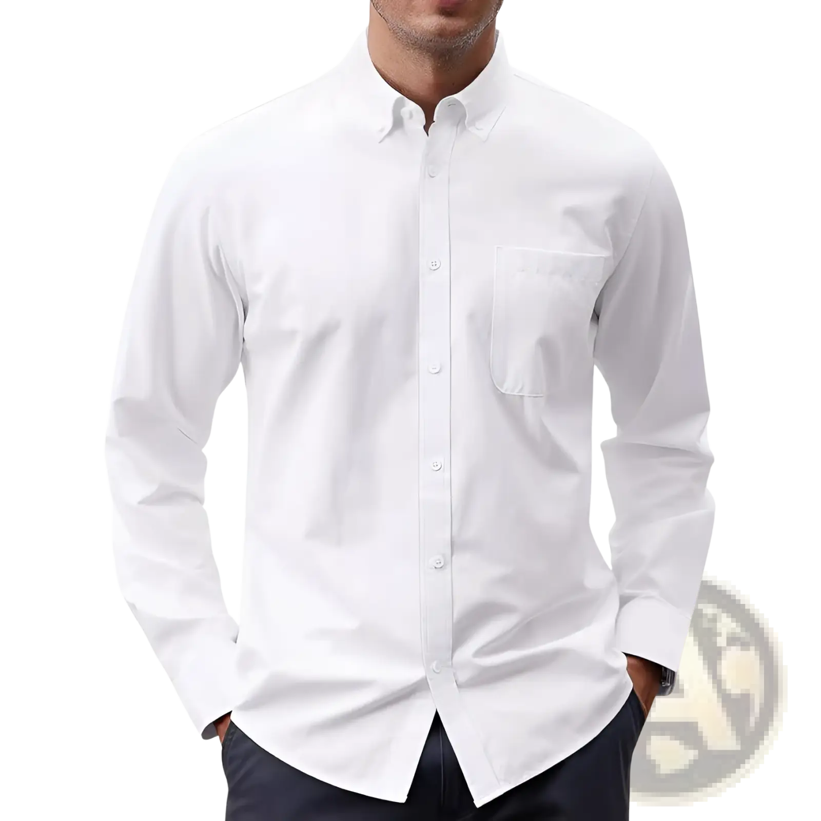 Men’s white long sleeve oxford button down shirt with classic collar and chest pocket made of cotton blend