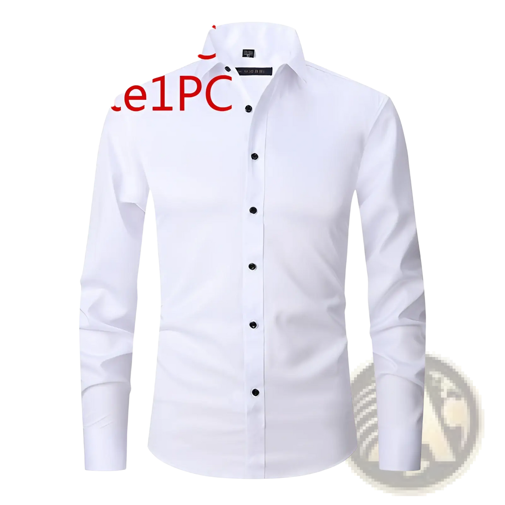 Men’s long sleeve slim fit dress shirt in white with black buttons featuring a crisp tailored fit for formal occasions