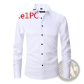 Men’s long sleeve slim fit dress shirt in white with black buttons featuring a crisp tailored fit for formal occasions