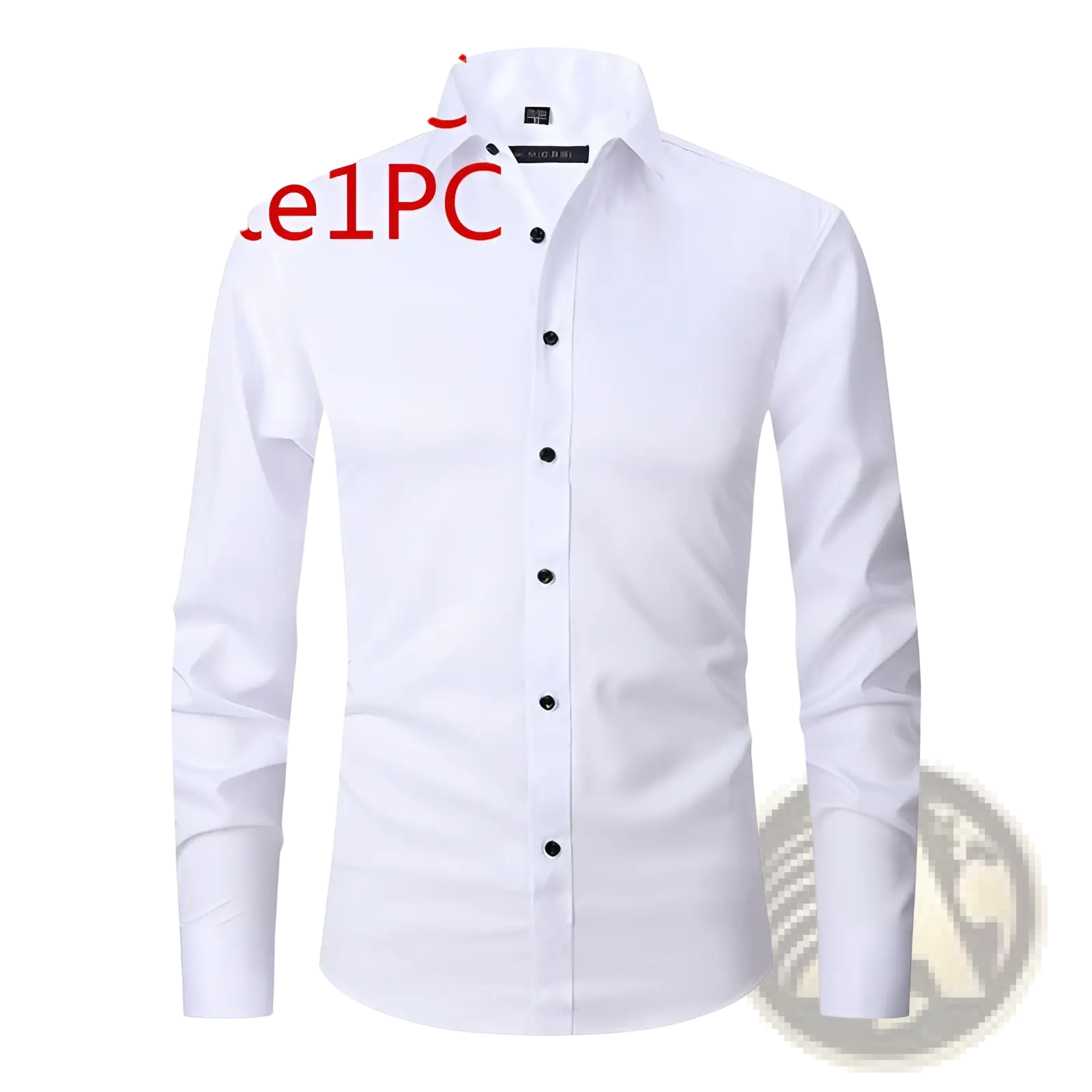 Men’s long sleeve slim fit dress shirt in white with black buttons featuring a crisp tailored fit for formal occasions