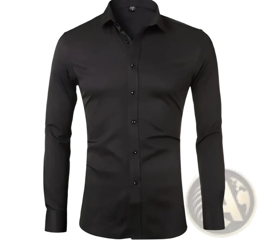 Black men’s long sleeve slim fit dress shirt with classic collar and button down front for formal wear