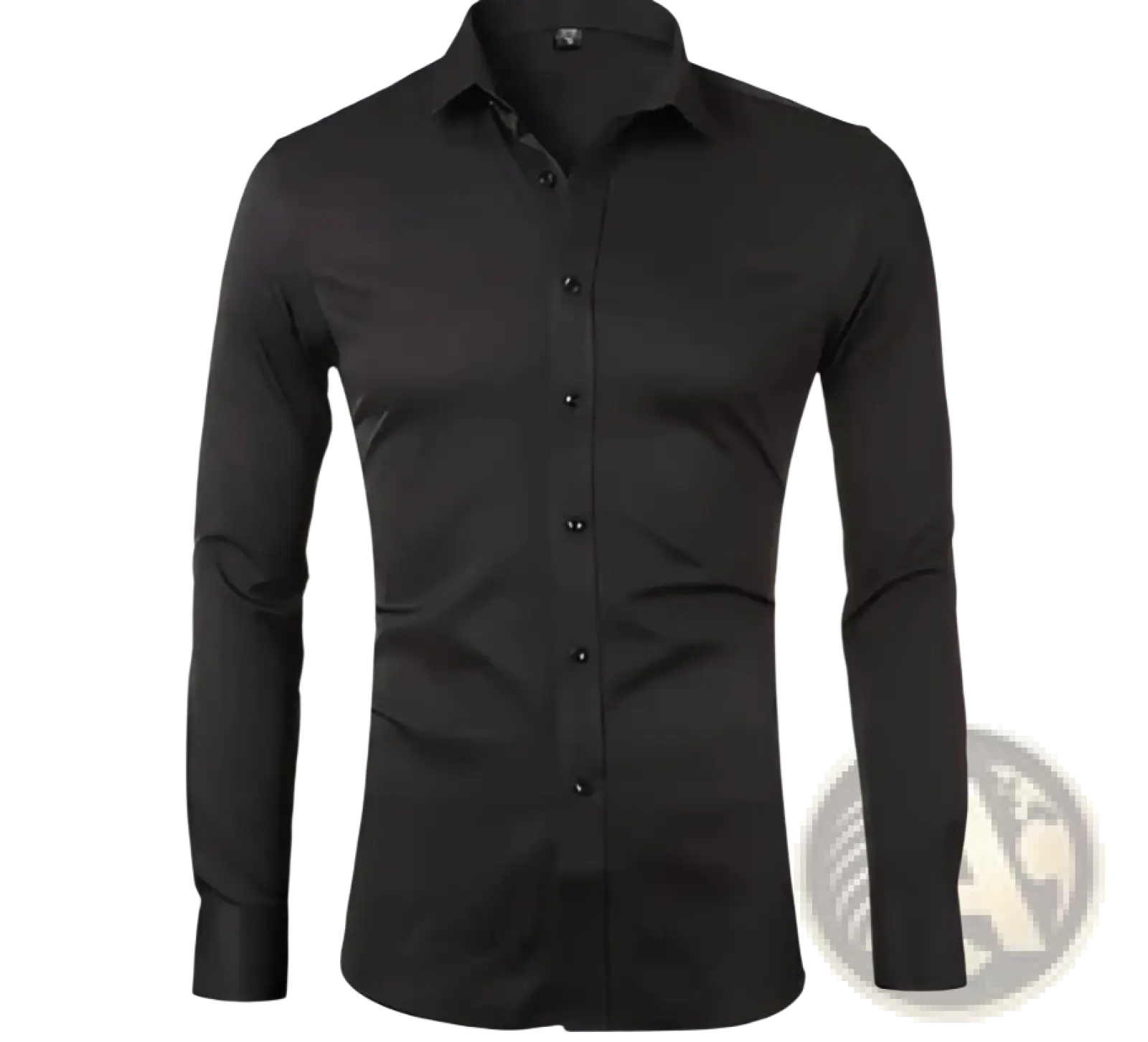Black men’s long sleeve slim fit dress shirt with classic collar and button down front for formal wear