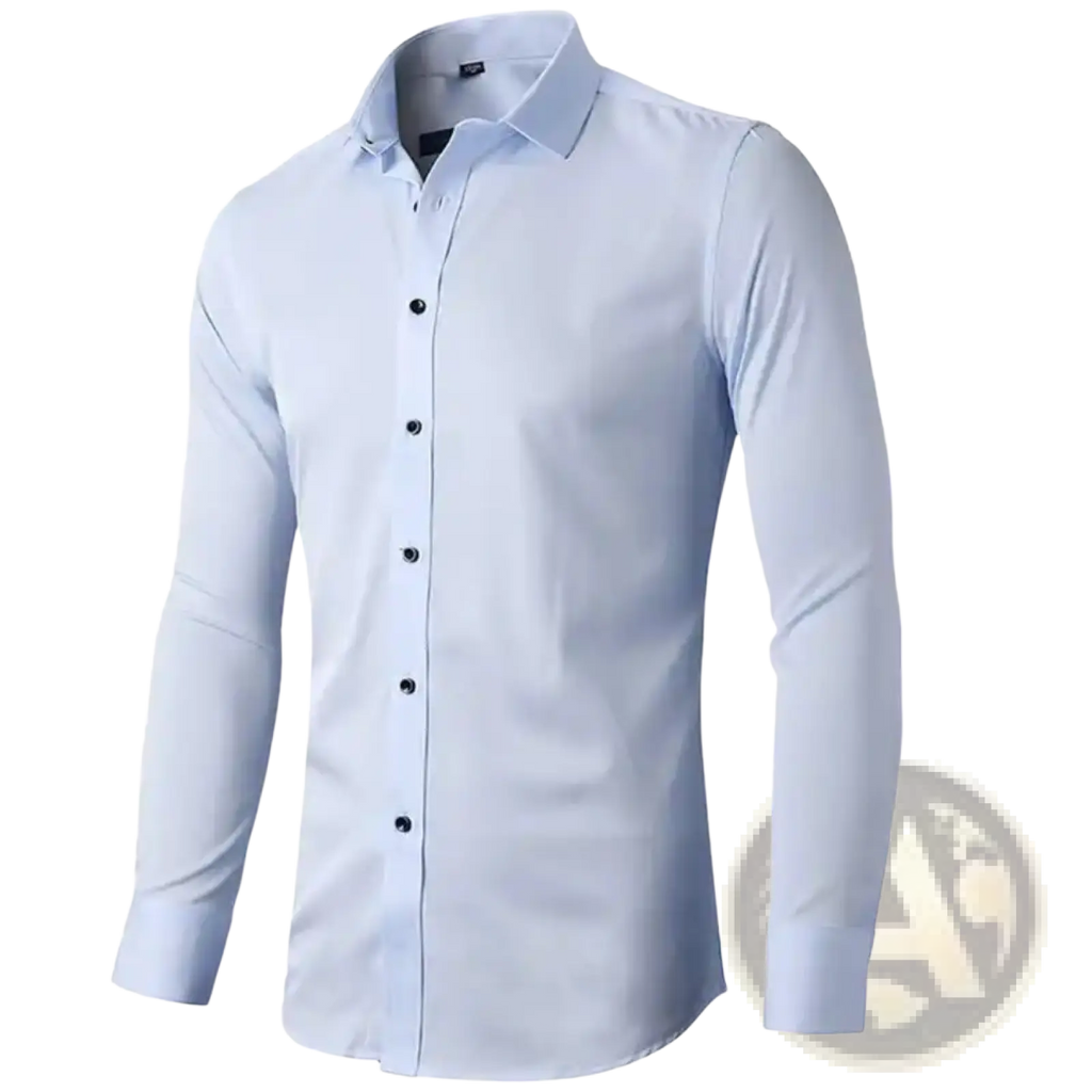 Men’s long sleeve slim fit dress shirt in crisp light blue with classic collar and black buttons for formal wear