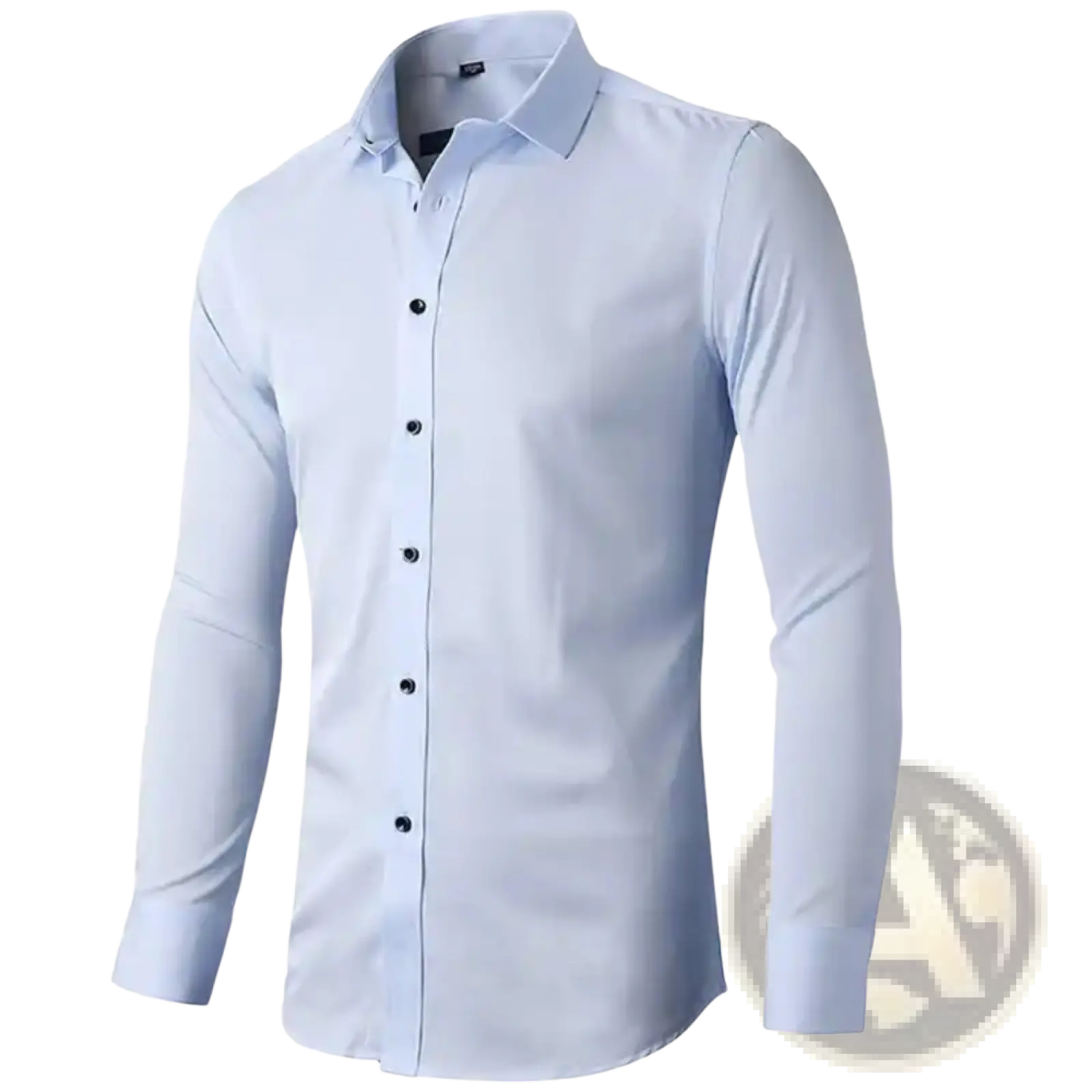 Men’s long sleeve slim fit dress shirt in crisp light blue with classic collar and black buttons for formal wear