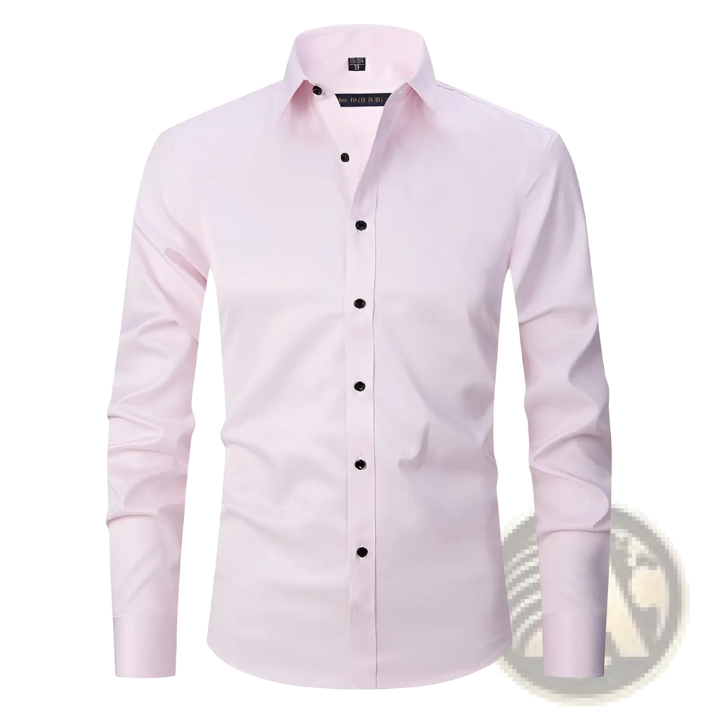 Men’s long sleeve slim fit dress shirt in sleek light pink with black buttons and a crisp collar by Guess
