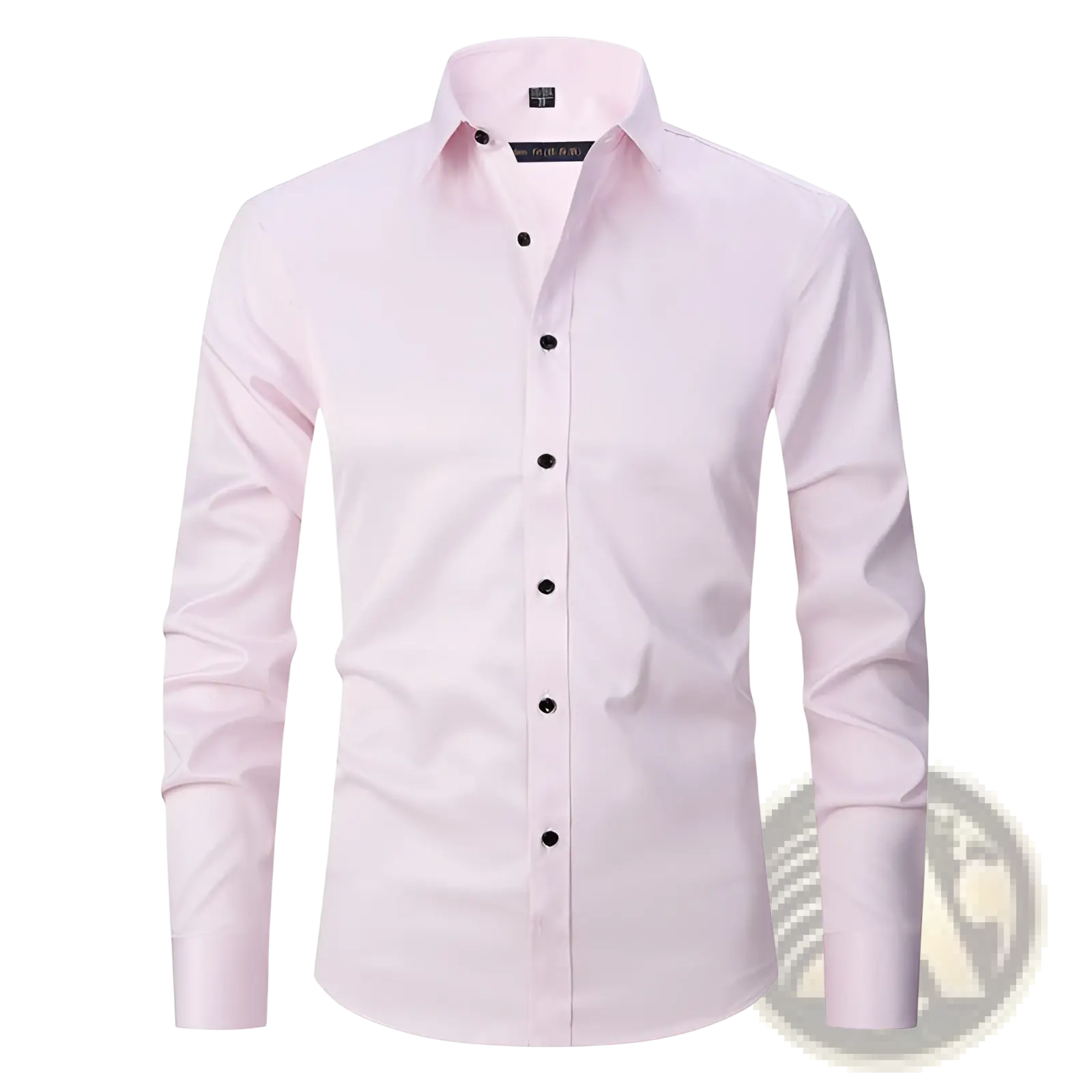 Men’s long sleeve slim fit dress shirt in sleek light pink with black buttons and a crisp collar by Guess