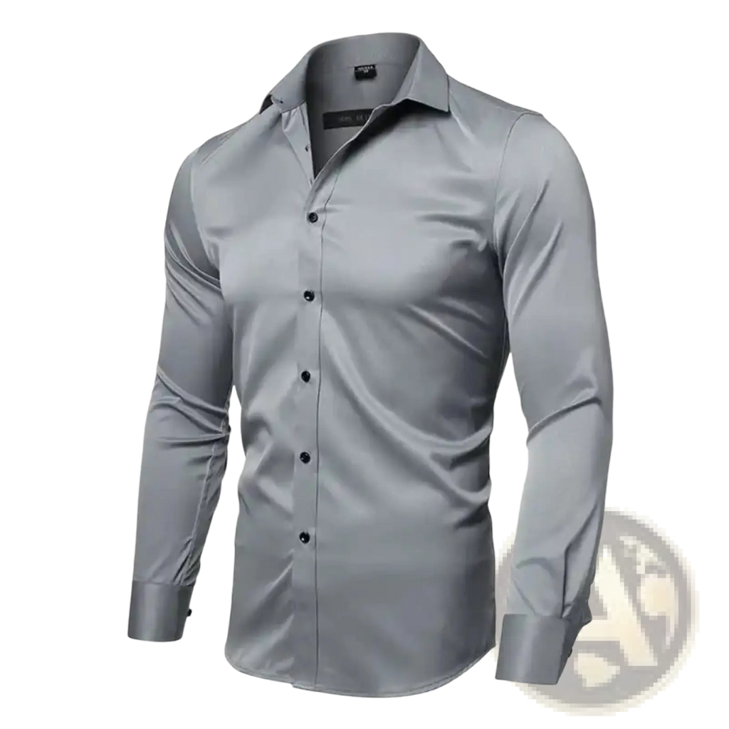 Men’s long sleeve slim fit dress shirt in matte gray fabric with black buttons and collar pleats