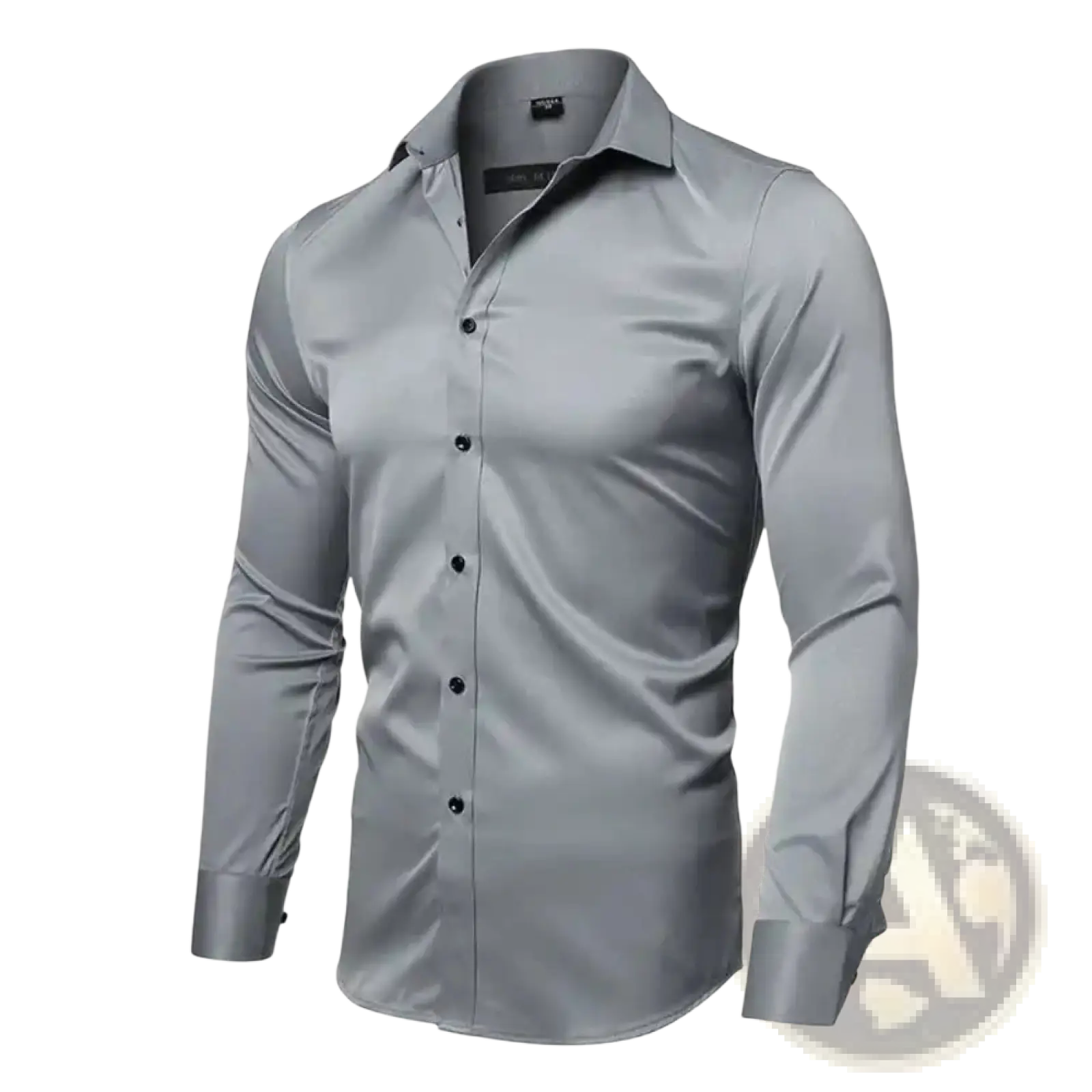 Men’s long sleeve slim fit dress shirt in matte gray fabric with black buttons and collar pleats