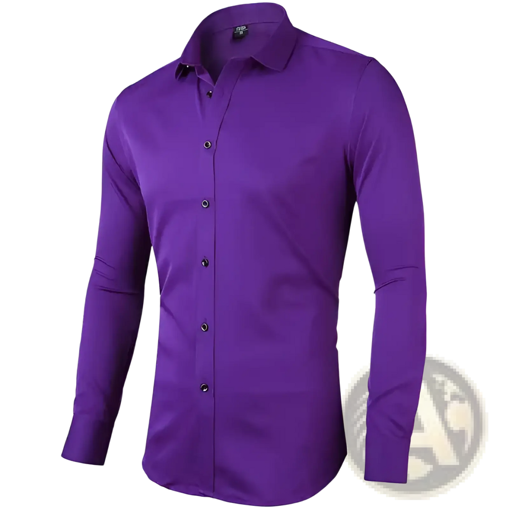 Men’s long sleeve slim fit dress shirt in solid purple with classic collar and black buttons, made from sleek fabric