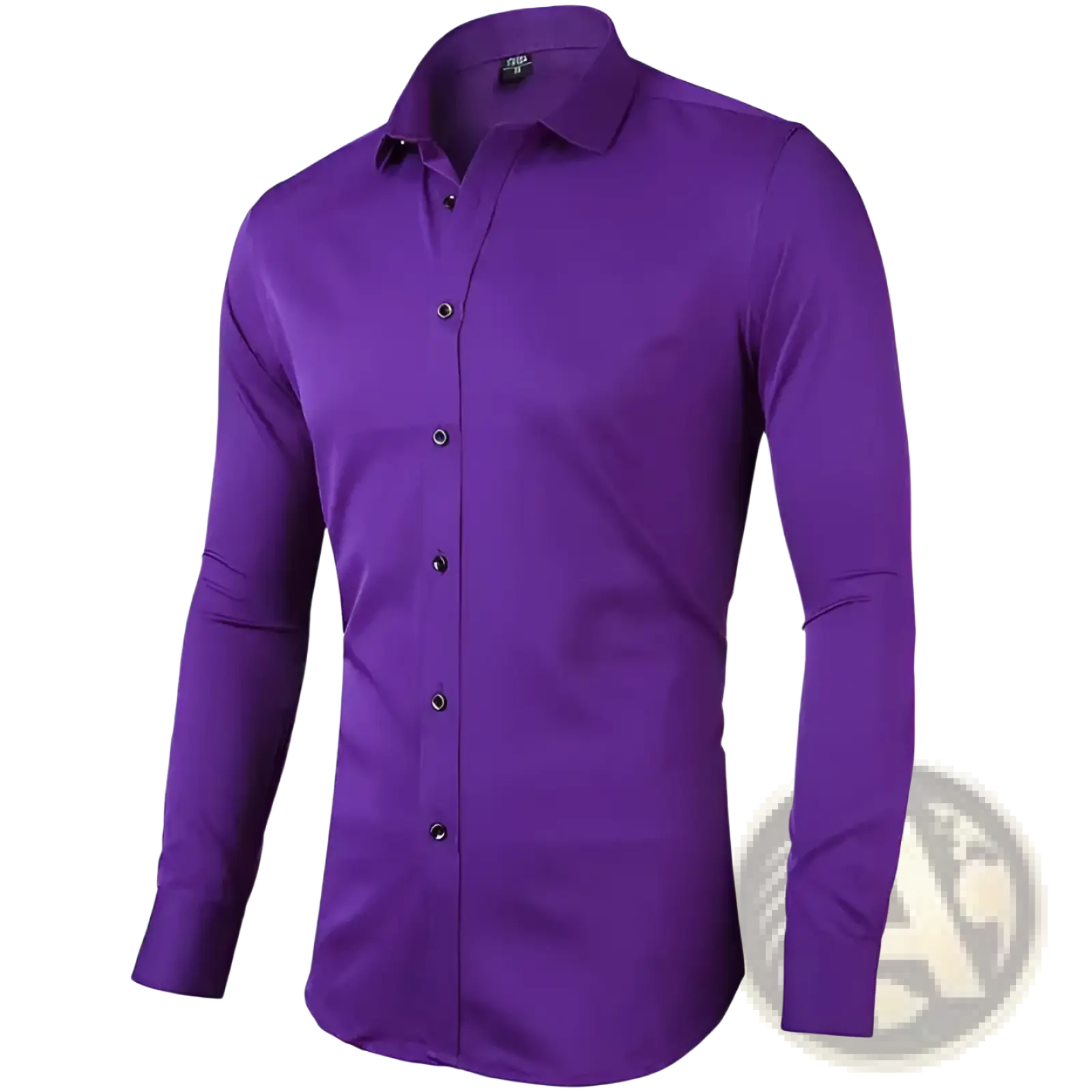 Men’s long sleeve slim fit dress shirt in solid purple with classic collar and black buttons, made from sleek fabric