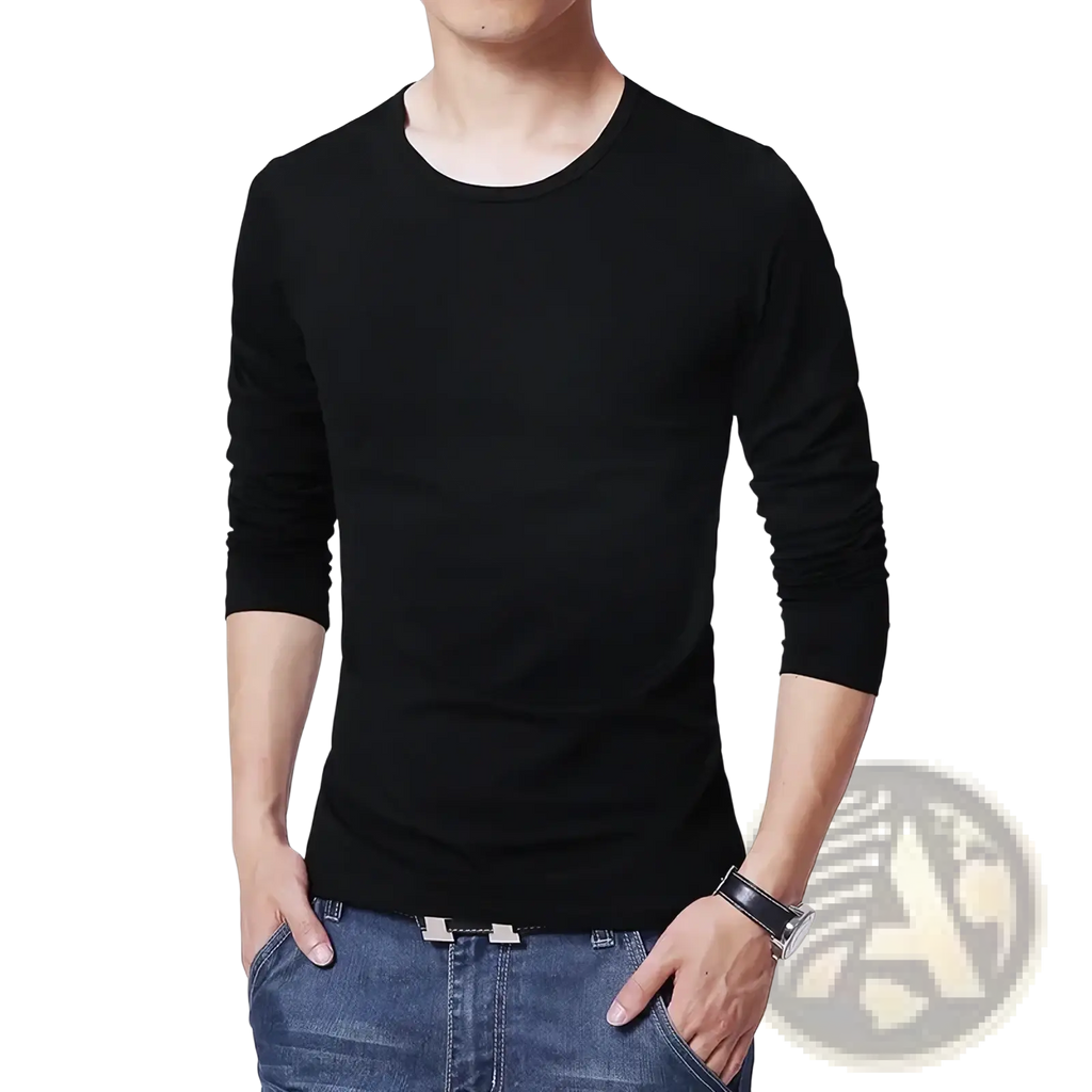 Black men’s long sleeve slim fit crew neck t-shirt made of smooth, fitted fabric for a stylish casual look