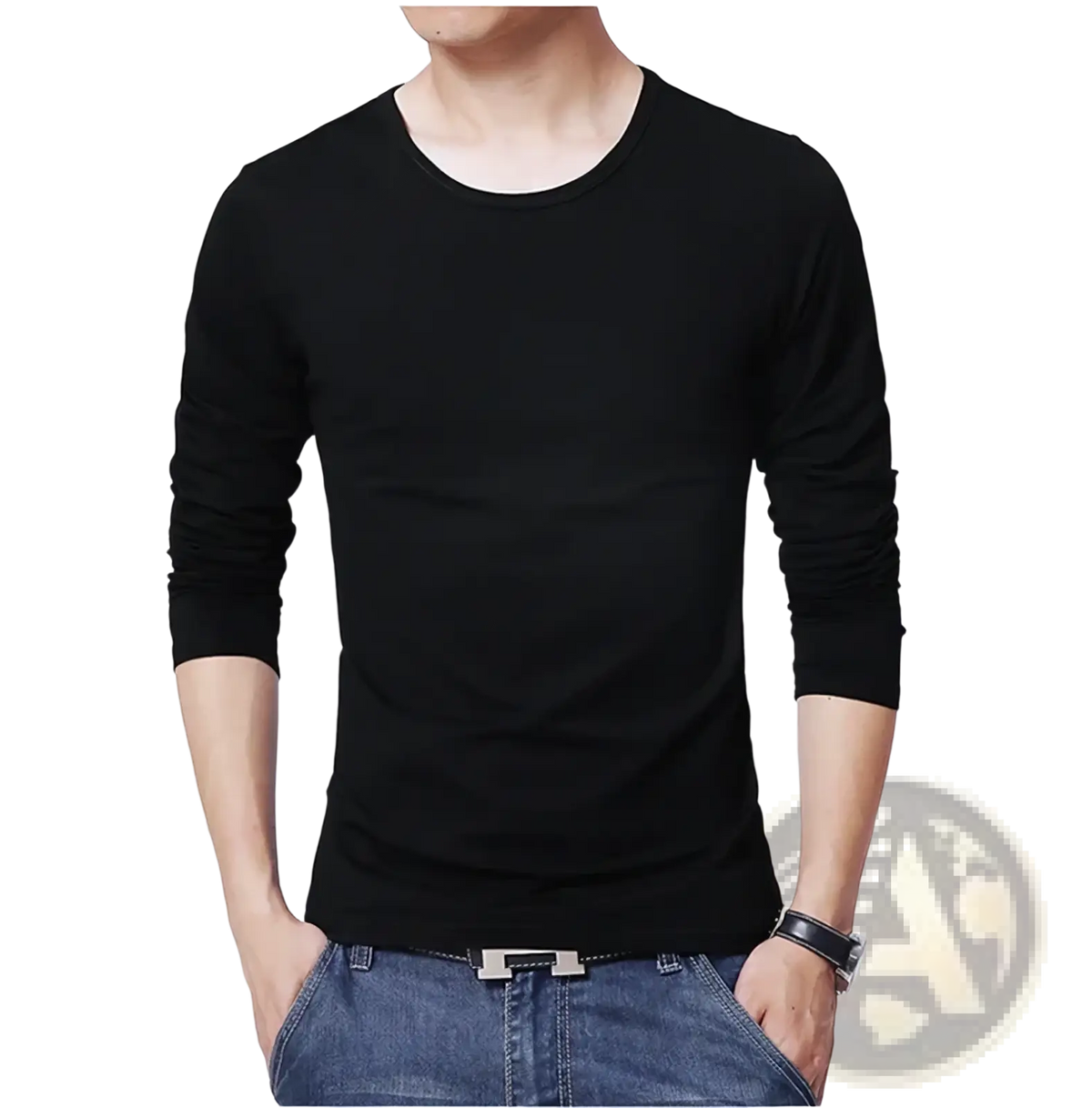 Men’s long sleeve slim fit solid crew neck t-shirt in black soft knit fabric designed for comfort and style
