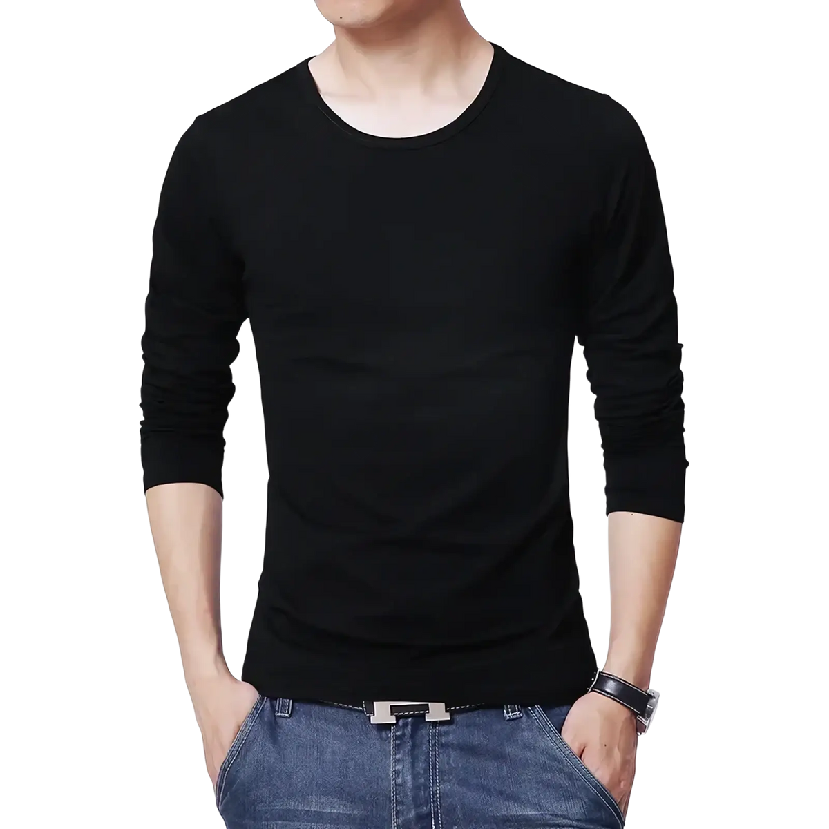 Black men’s long sleeve slim fit crew neck t-shirt made of soft knit fabric in a solid color