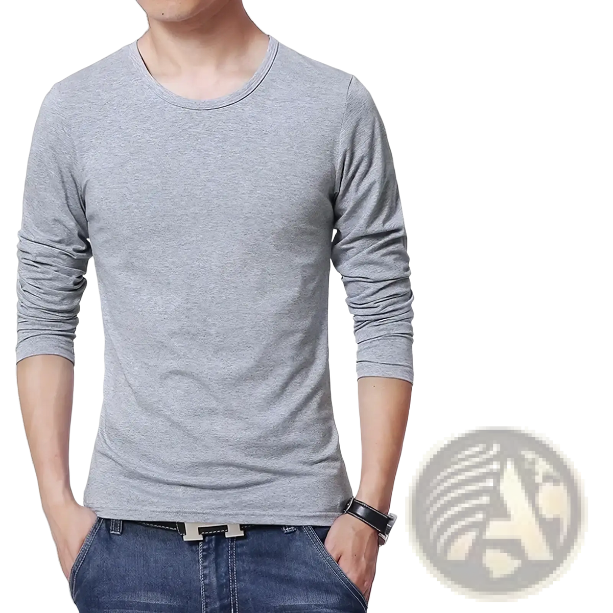 Men’s long sleeve slim fit solid crew neck t-shirt in gray black and white made of soft cotton blend fabric