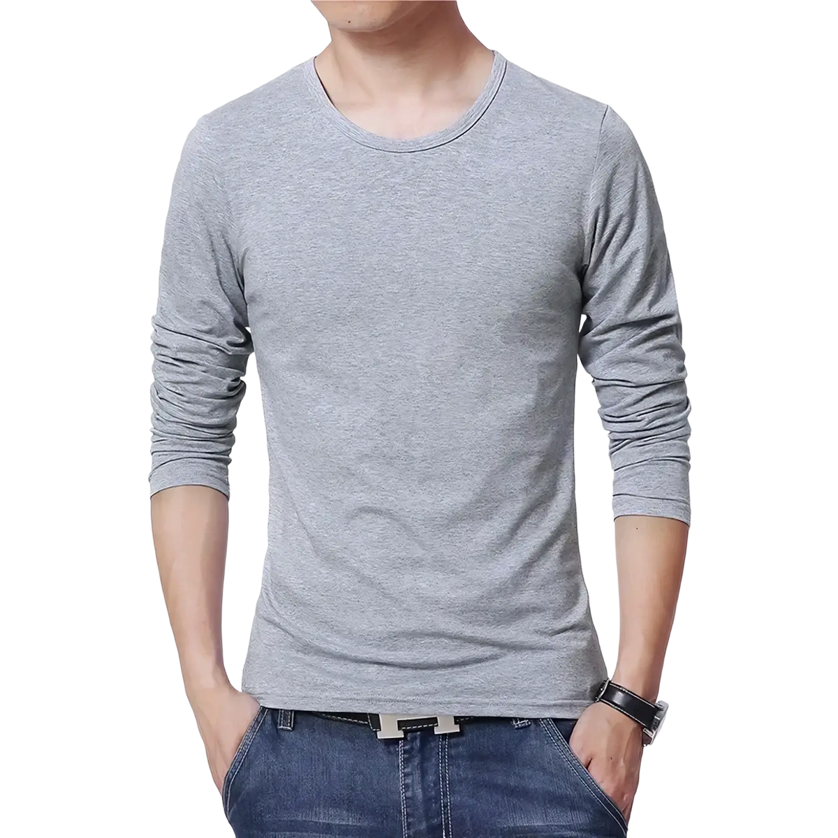 Men’s gray long sleeve slim fit cotton t-shirt with crew neck and rolled-up sleeves for casual wear