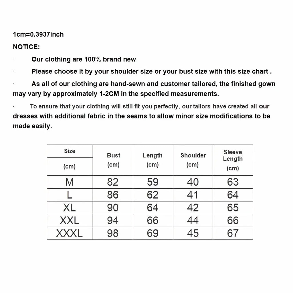 Hand-sewn tailored gown with size chart showing bust length shoulder and sleeve measurements for sizes m to xxxl