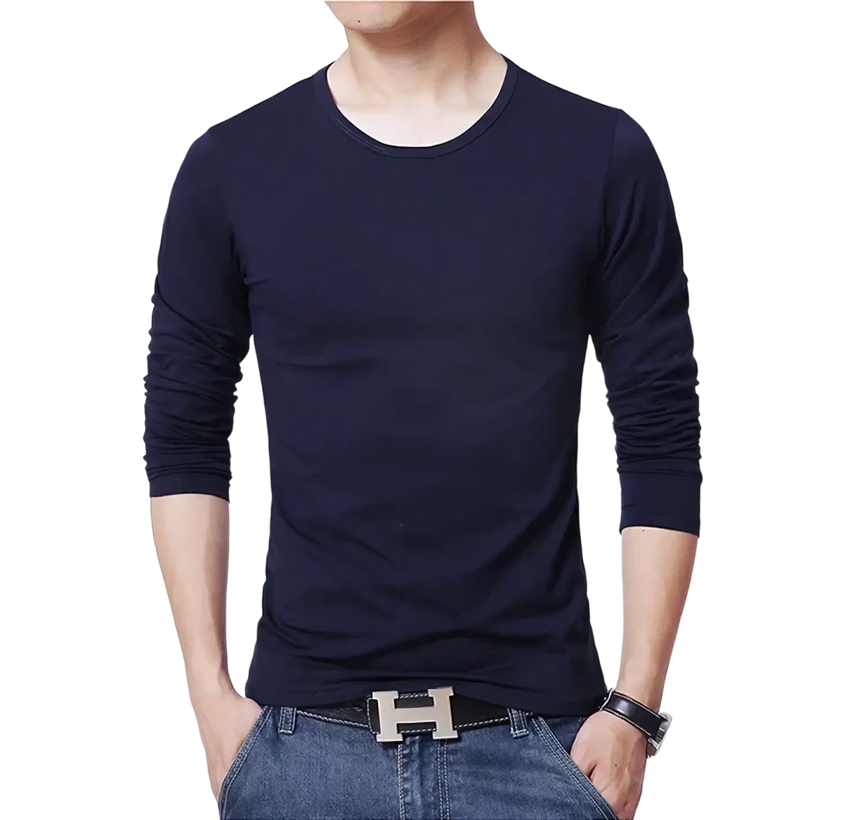 Navy blue long sleeve slim fit cotton t-shirt with crew neck for men with a round neckline in front view