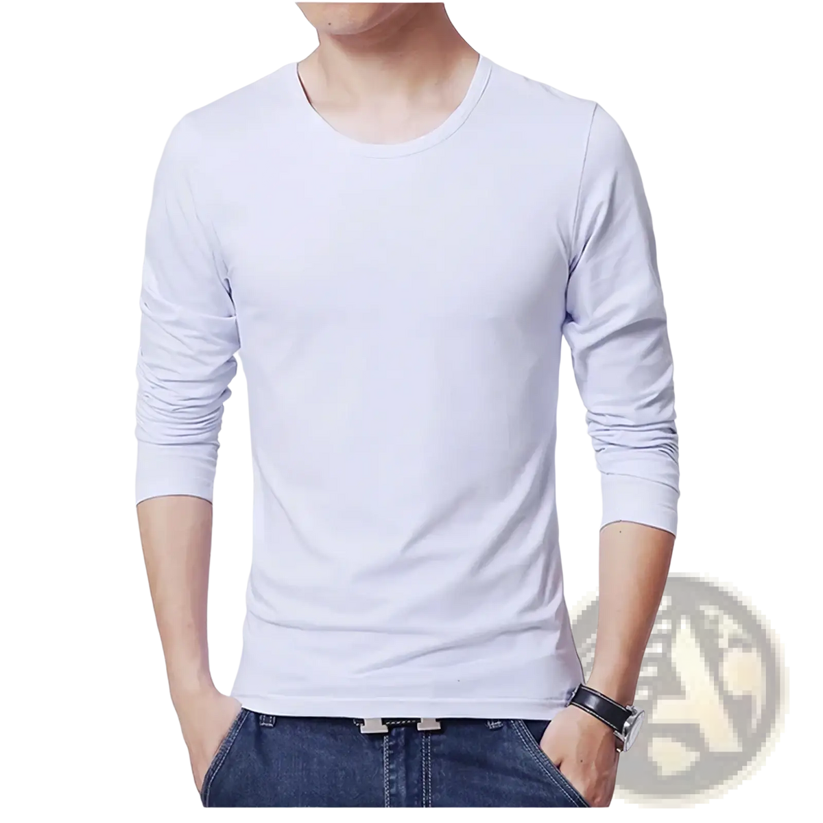 Men’s white long sleeve slim fit crew neck t-shirt made of soft cotton fabric for casual wear