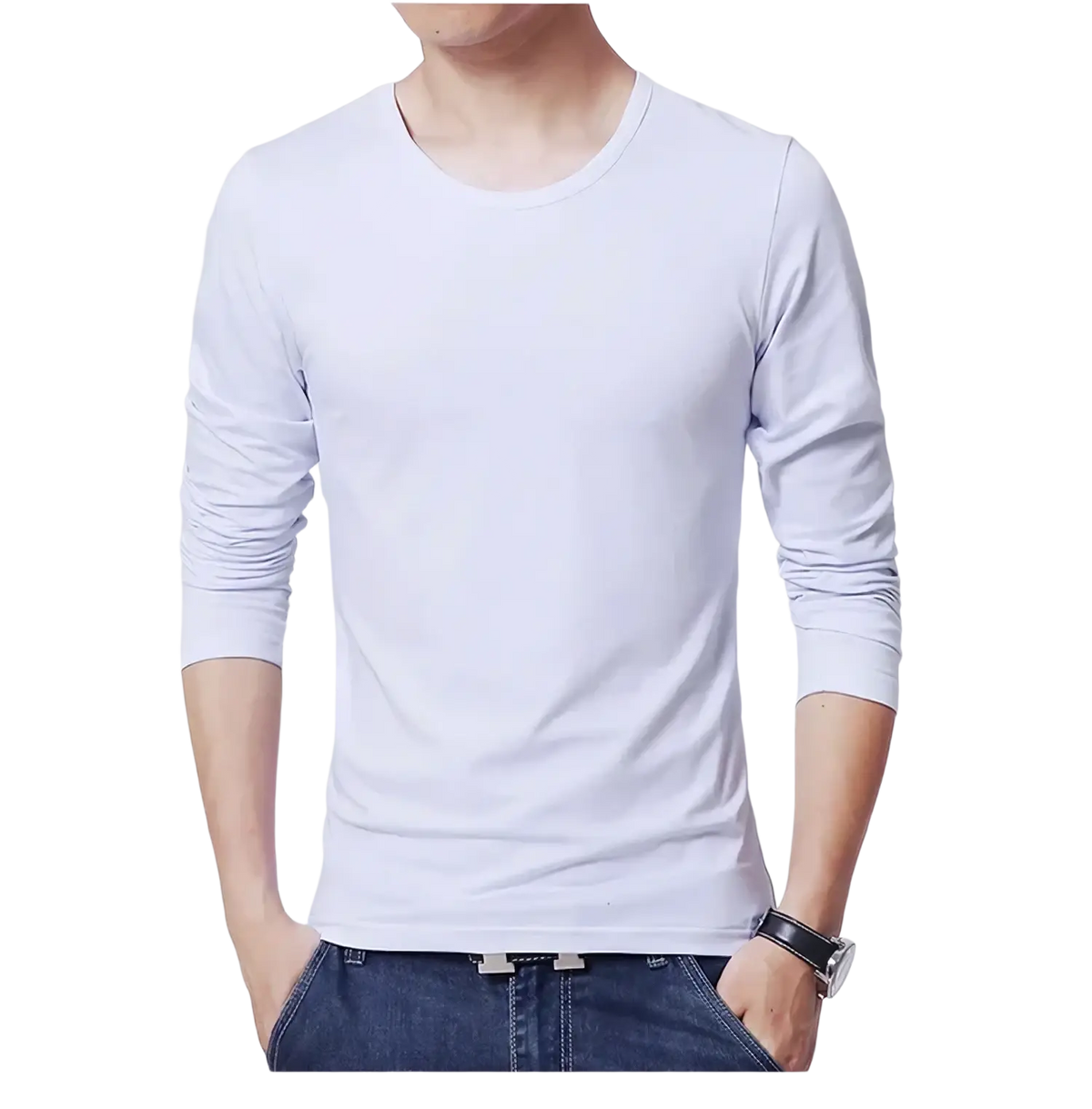 White long sleeve slim fit men’s t-shirt with crew neck and ribbed cuffs made from soft cotton fabric