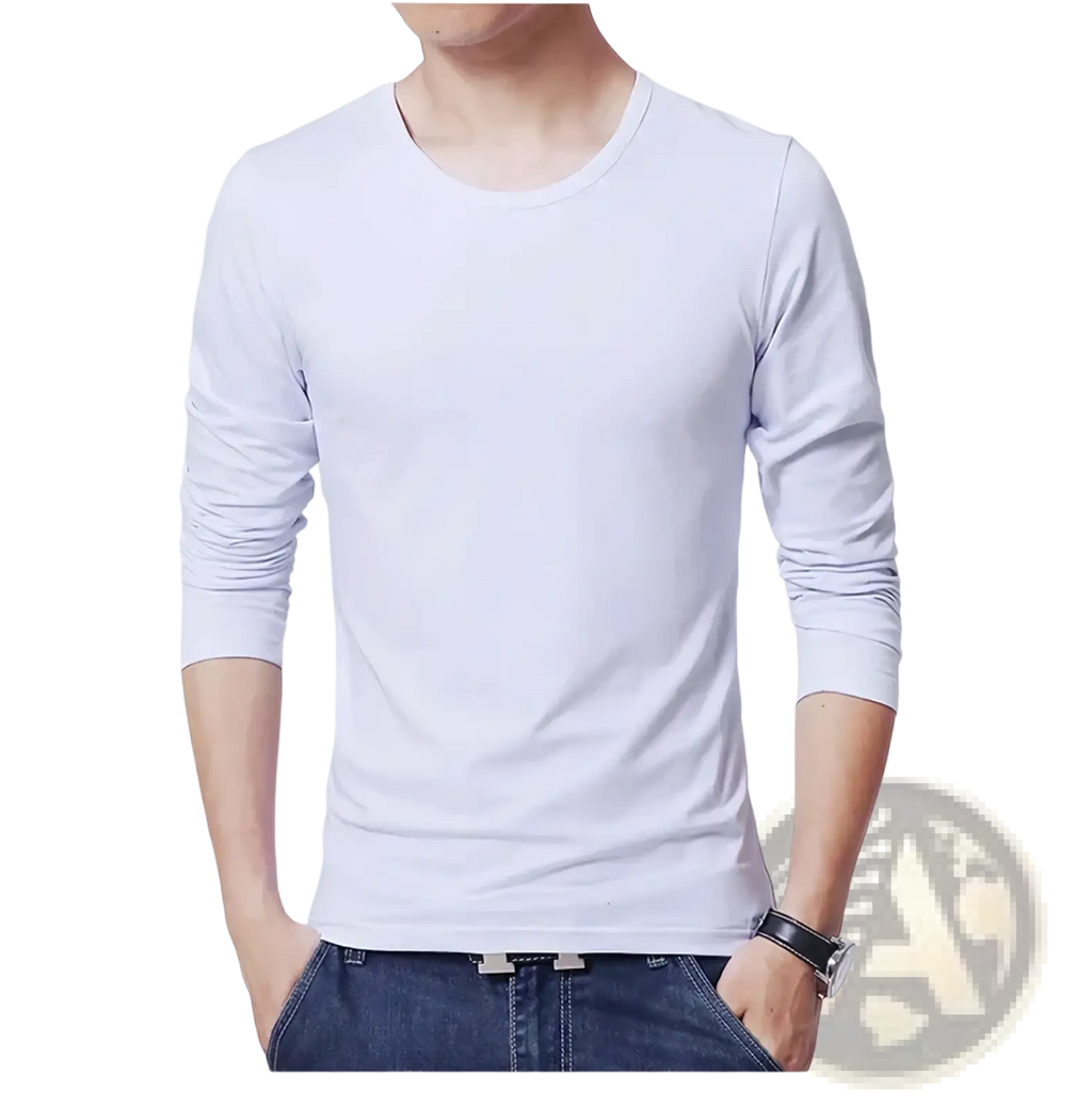 White long sleeve slim fit men’s t-shirt with crew neck and ribbed cuffs made from soft cotton fabric