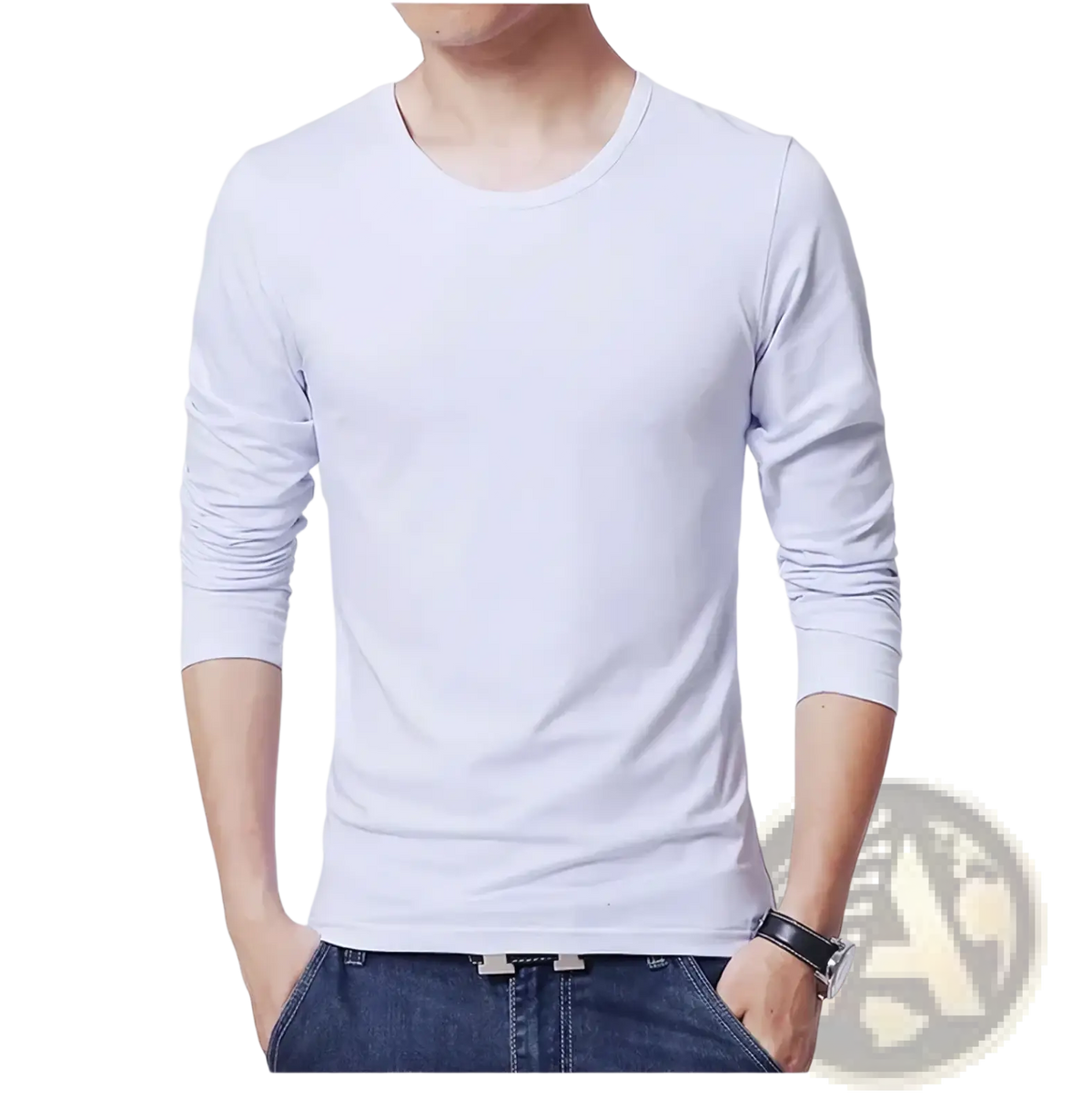 White long sleeve slim fit men’s t-shirt with crew neck and ribbed cuffs made from soft cotton fabric