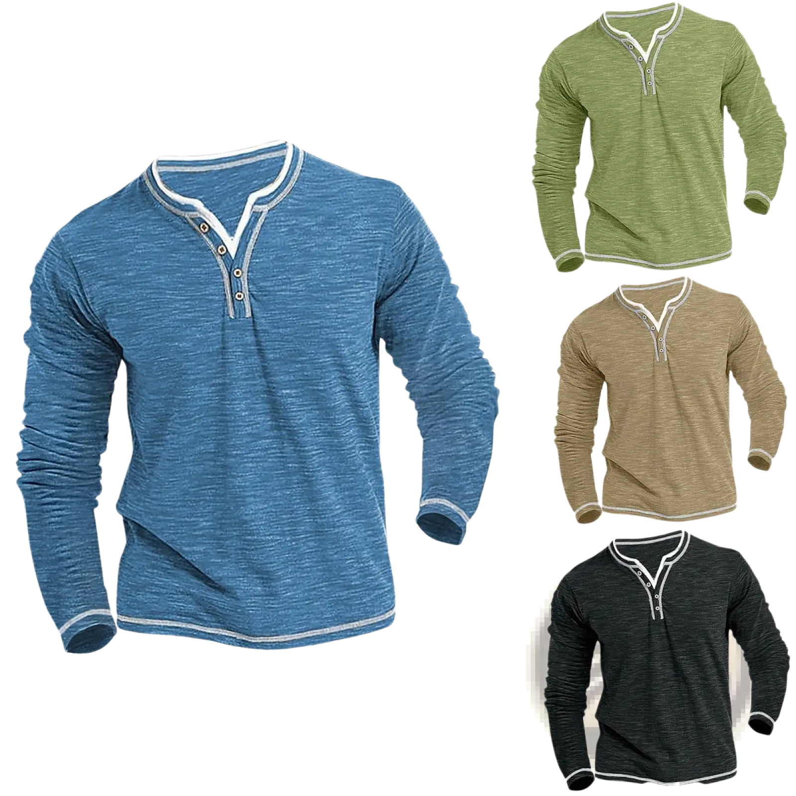 Men’s long sleeve stretch henley shirt in blue heather with white trim and button placket for casual wear