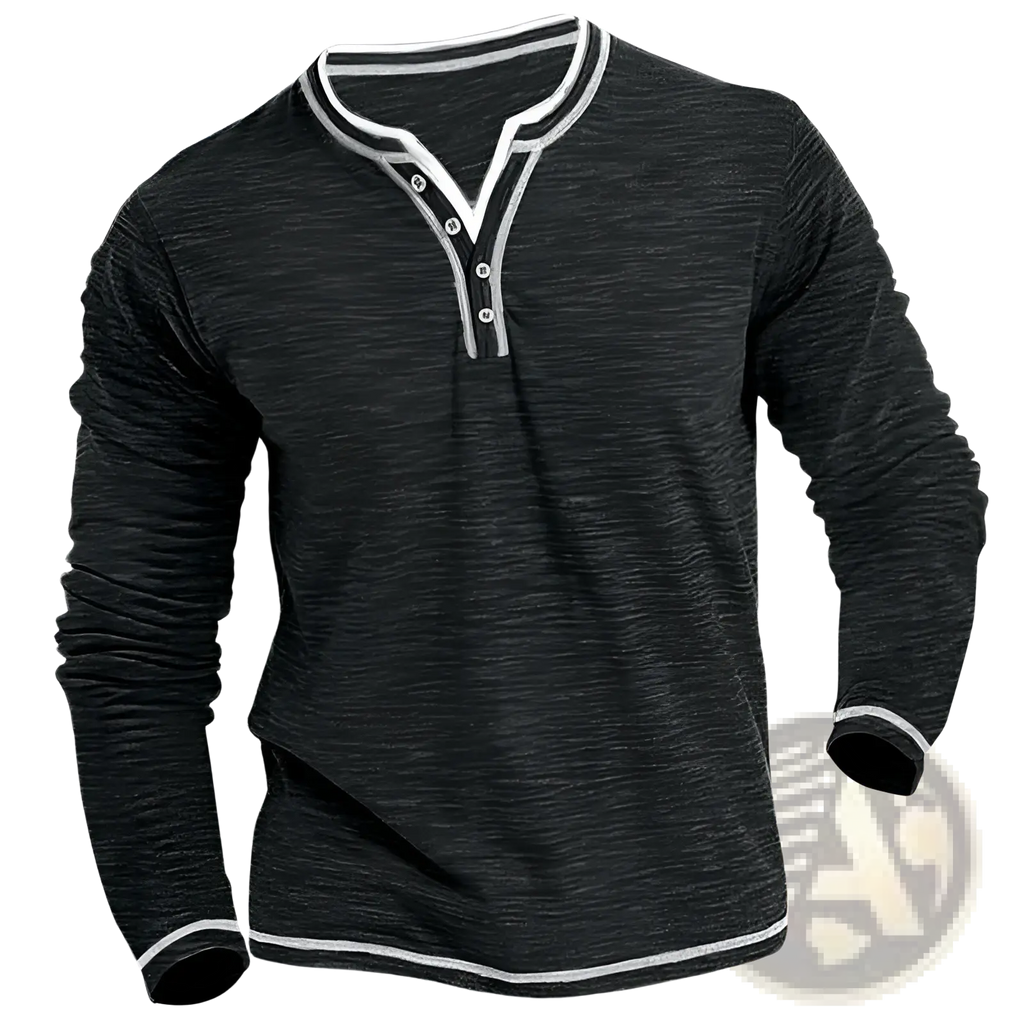 Men’s long sleeve stretch henley shirt in black with white trim and buttons, featuring comfortable fitted design