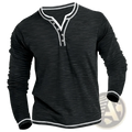 Men’s long sleeve stretch henley shirt in black with white trim and buttons, featuring comfortable fitted design