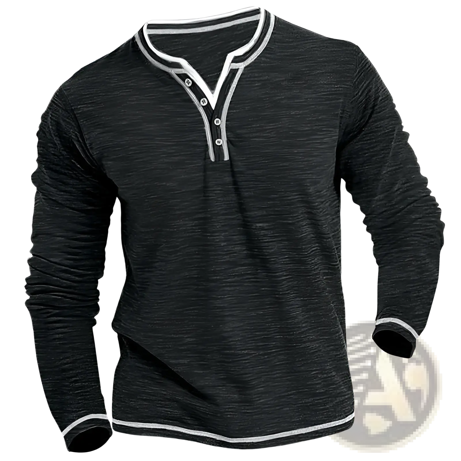 Men’s long sleeve stretch henley shirt in black with white trim and buttons, featuring comfortable fitted design