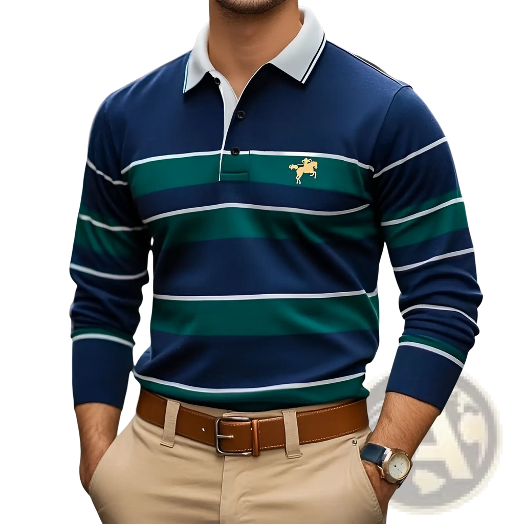 Mens long sleeve striped polo shirt slim fit in navy blue and teal with white trim and gold embroidered horse logo