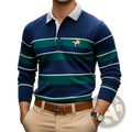Mens long sleeve striped polo shirt slim fit in navy blue and teal with white trim and gold embroidered horse logo