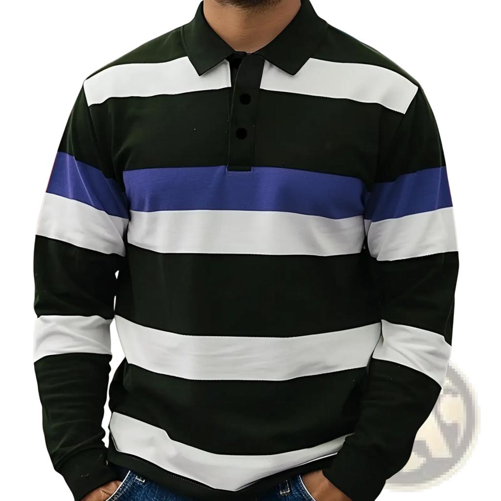 Mens long sleeve slim fit polo shirt with black white and purple horizontal stripes and a classic collar