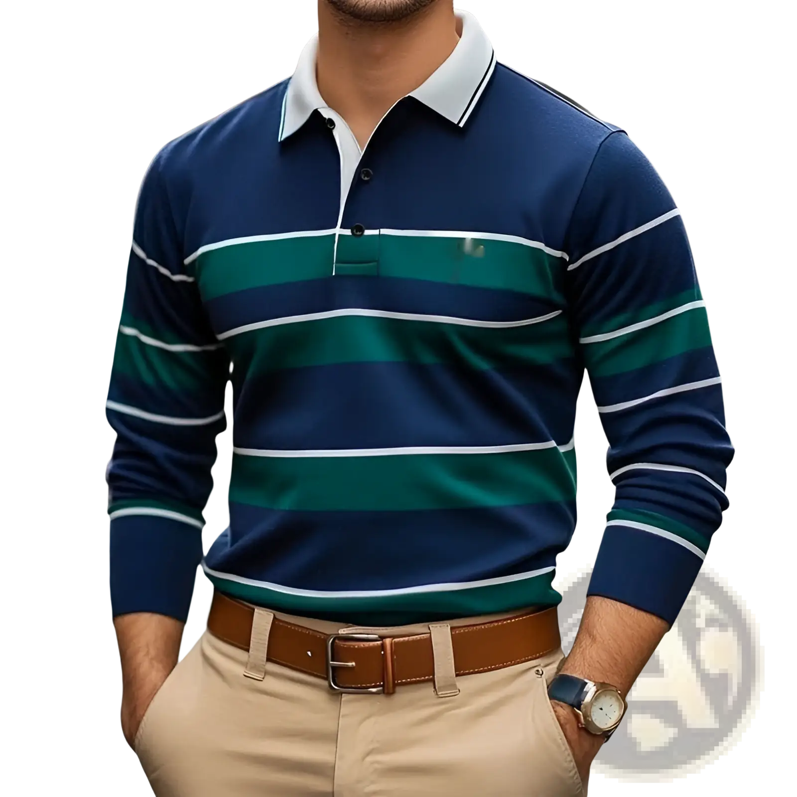 Mens long sleeve striped polo shirt slim fit in navy blue and teal with white trim for casual or smart wear