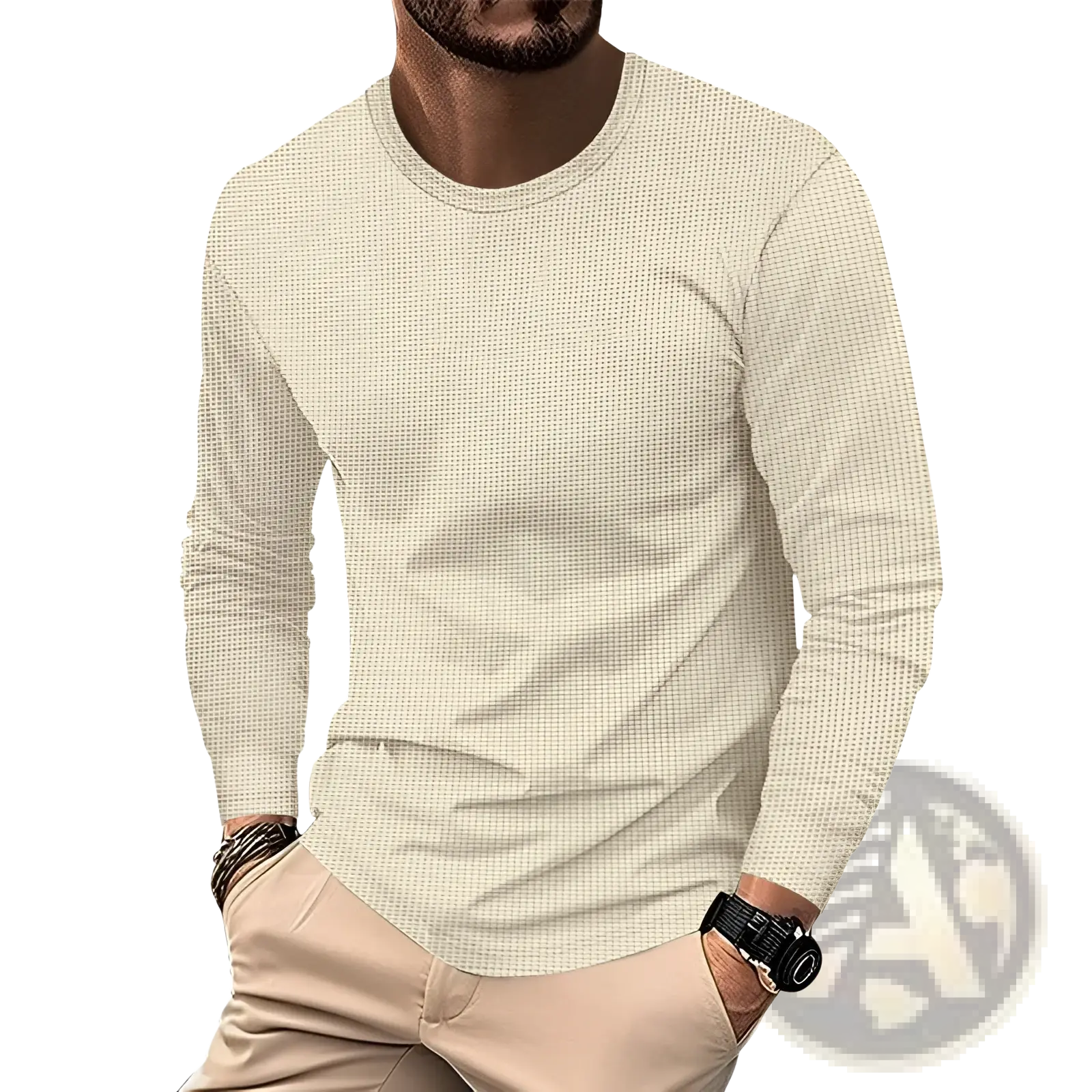 Beige men’s long sleeve waffle knit thermal pullover shirt with crew neck and textured knit fabric
