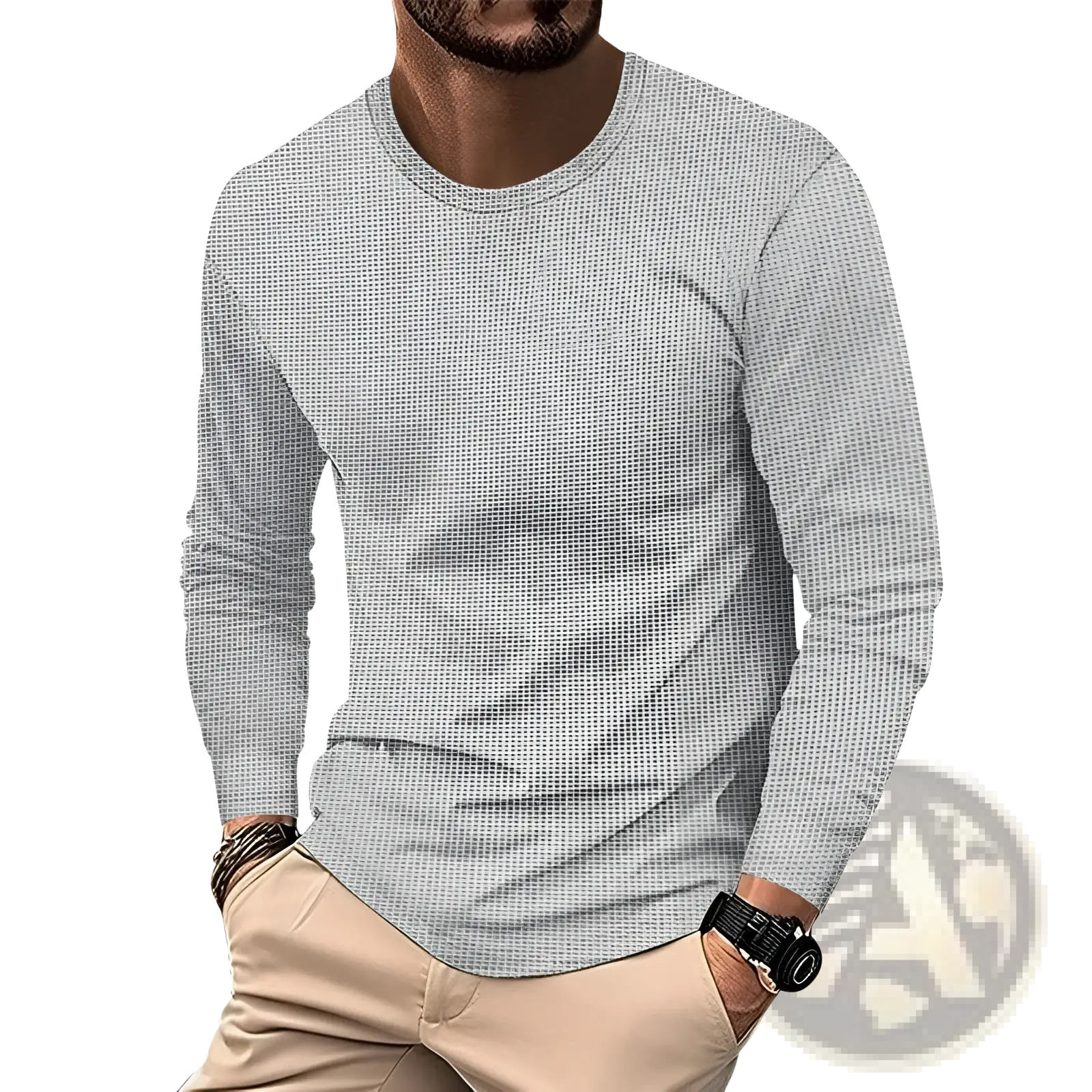Men’s gray long sleeve waffle knit thermal pullover shirt with subtle textured fabric and crew neck design