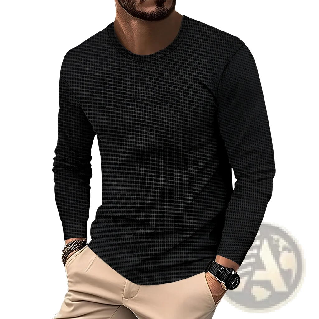 Men’s long sleeve waffle knit thermal pullover in black with subtle waffle knit texture for warmth and comfort