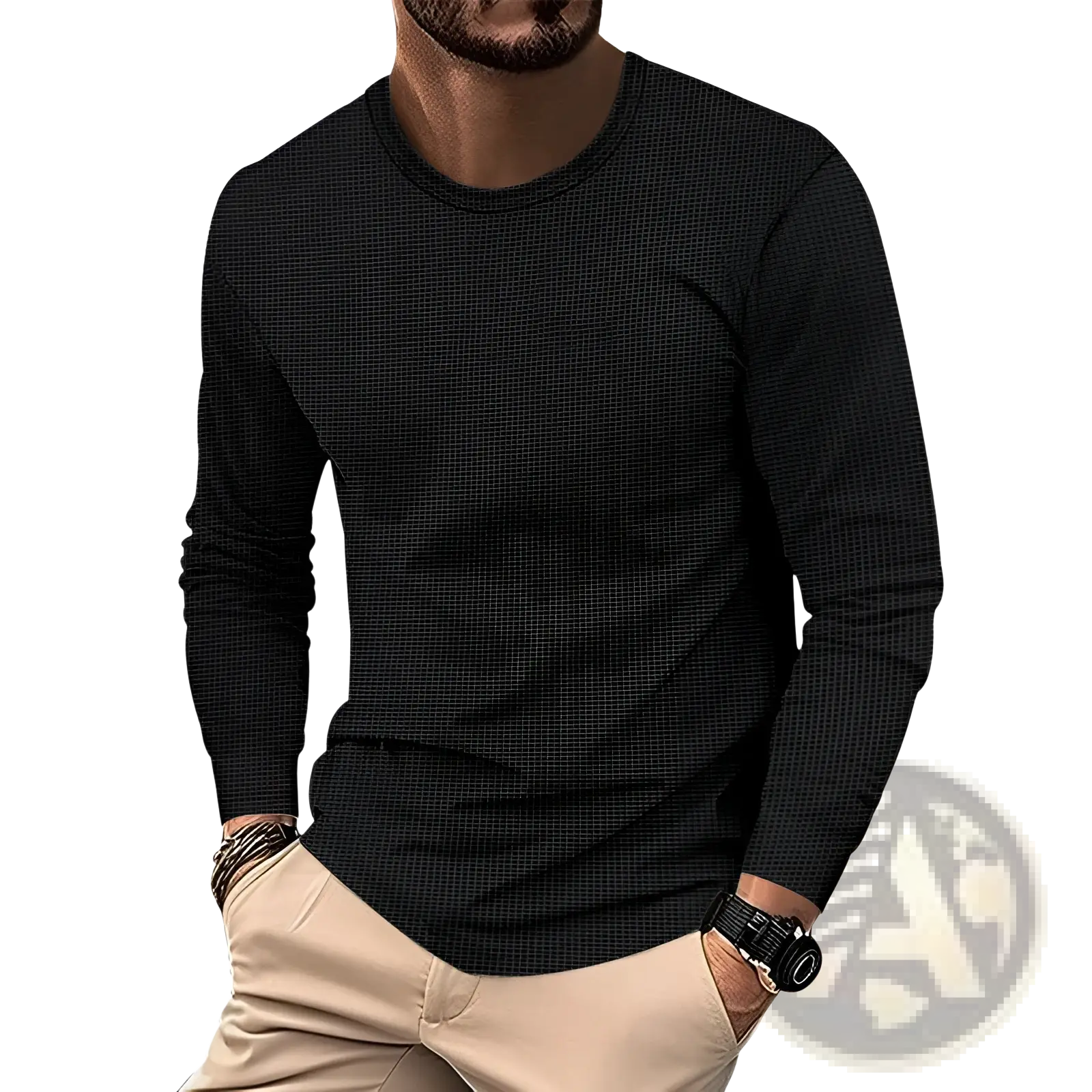 Men’s long sleeve waffle knit thermal pullover in black with subtle waffle knit texture for warmth and comfort