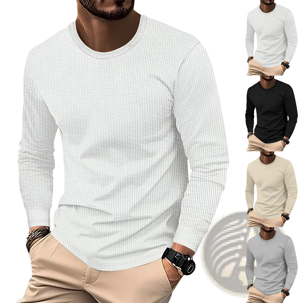 Men’s long sleeve waffle knit thermal pullover in white with a subtle textured weave and crew neck design
