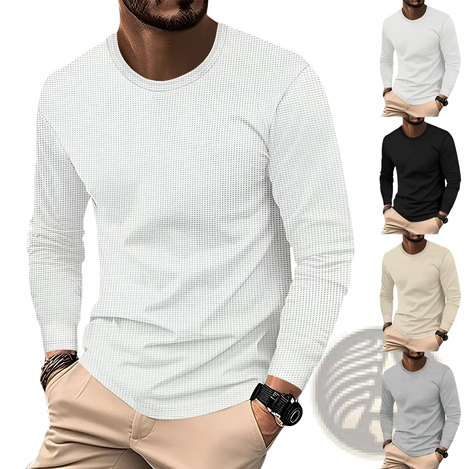 Men’s long sleeve waffle knit thermal pullover in white with a subtle textured weave and crew neck design