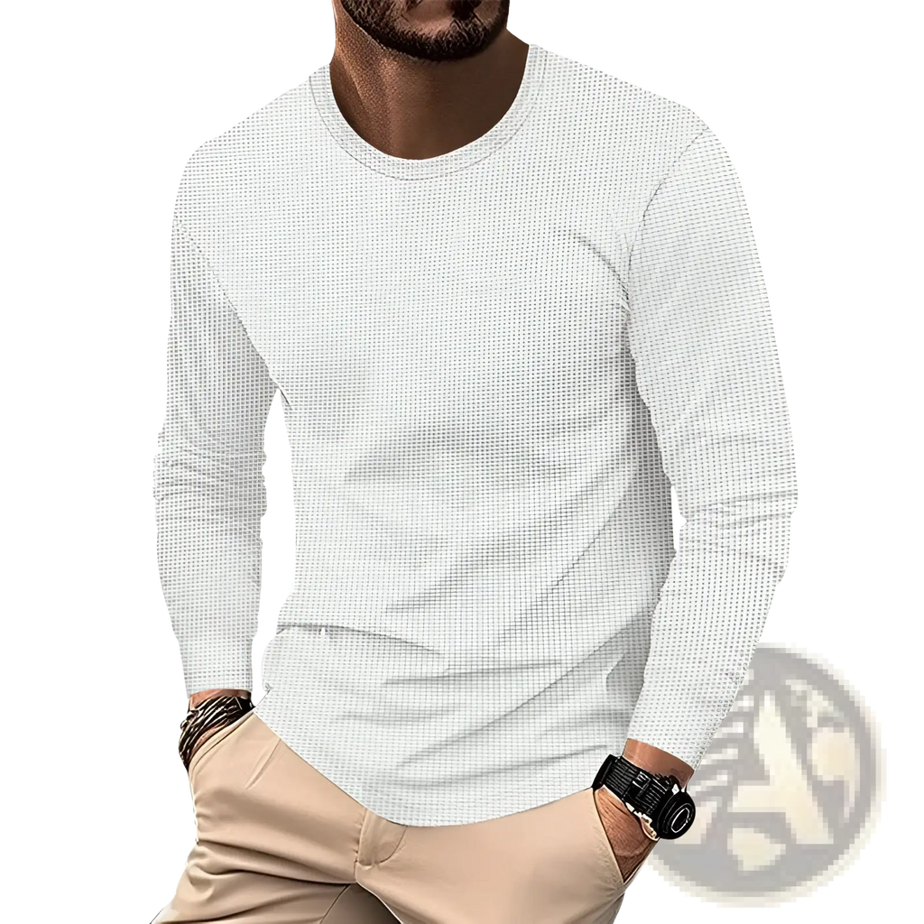 Men’s white long sleeve waffle knit thermal pullover shirt with crew neck and subtle textured fabric
