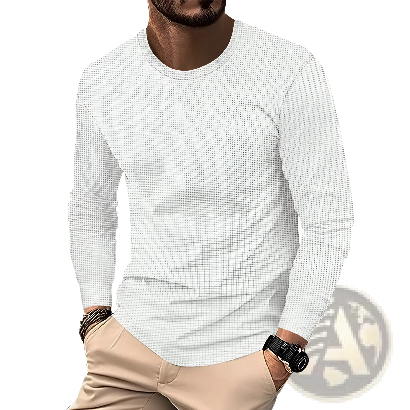 Men’s white long sleeve waffle knit thermal pullover shirt with crew neck and subtle textured fabric