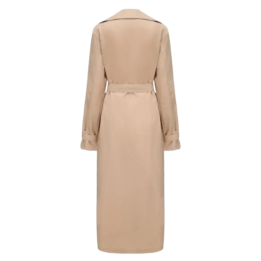 Beige men’s long trench coat with belted waist and rolled-up cuffs double breasted for business casual wear