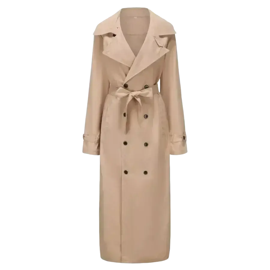 Beige men’s long trench coat with belted waist and double-breasted front for business casual wear