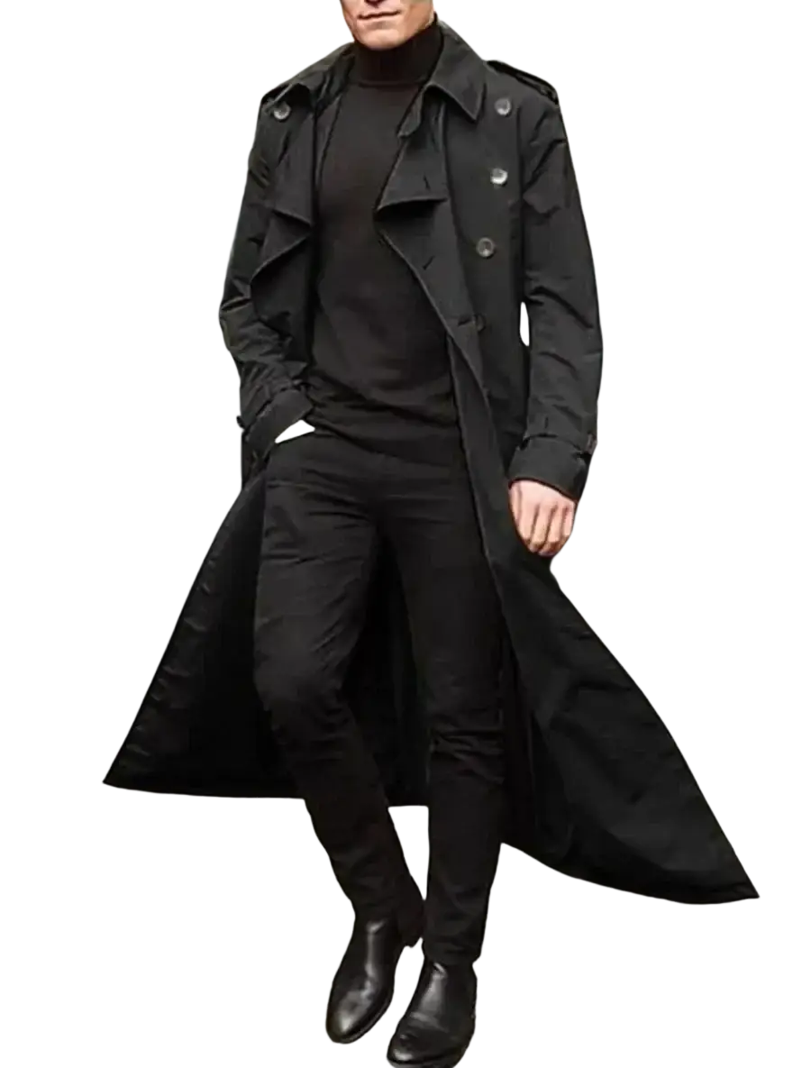 Men’s long trench coat in black with a classic double-breasted design and epaulets for business casual wear