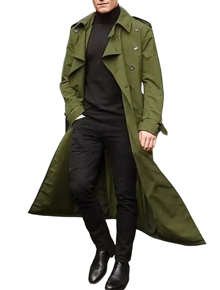 Men’s long trench coat in olive green featuring classic double-breasted buttons and epaulets for business casual use