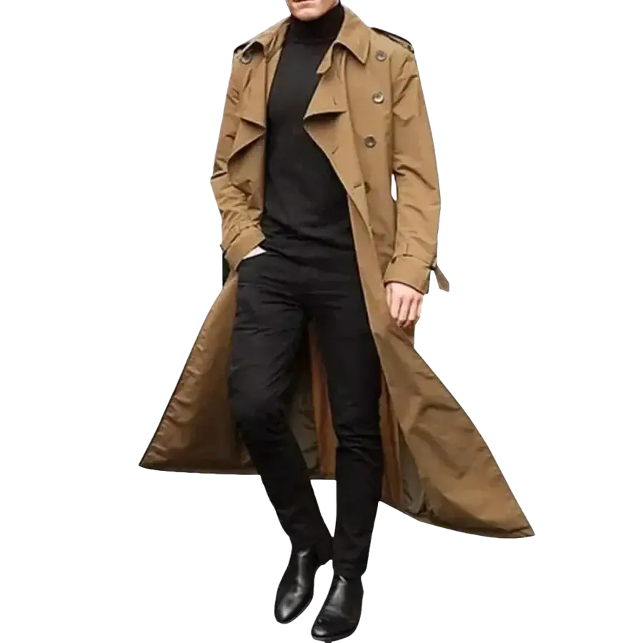 Men’s long trench coat in tan with classic double-breasted design and epaulets for business casual wear