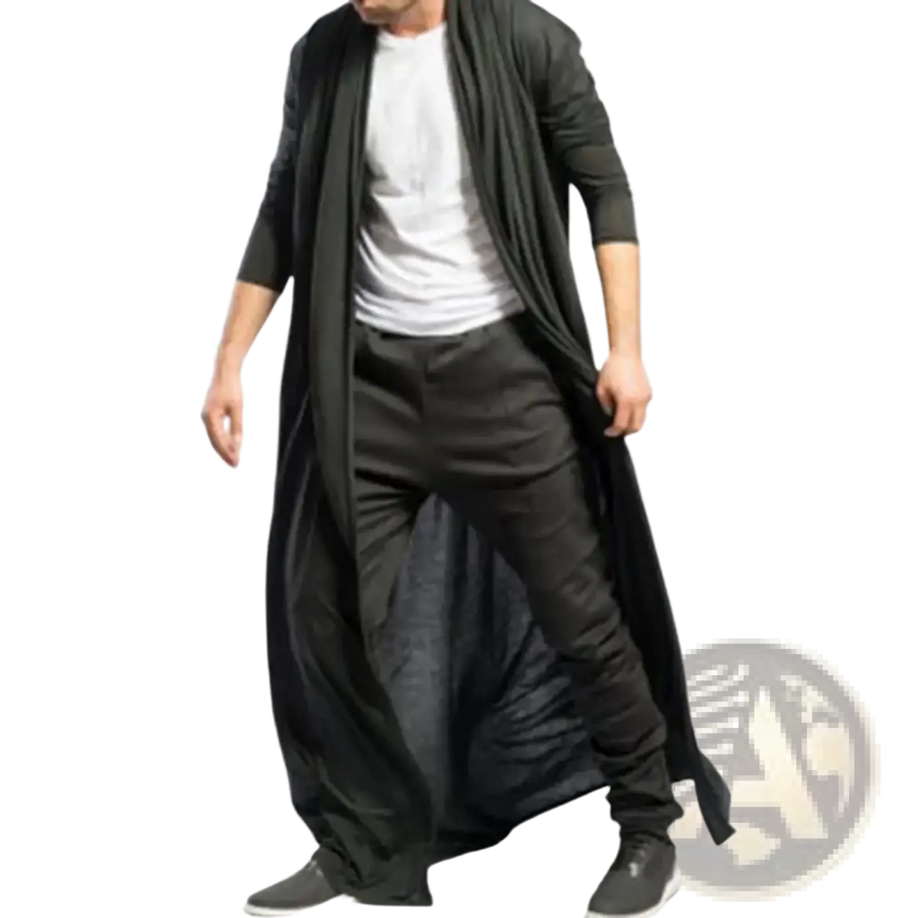 Mens long trench coat solid color open front jacket featuring a black long-sleeved cardigan with ribbed cuffs and flowing drape