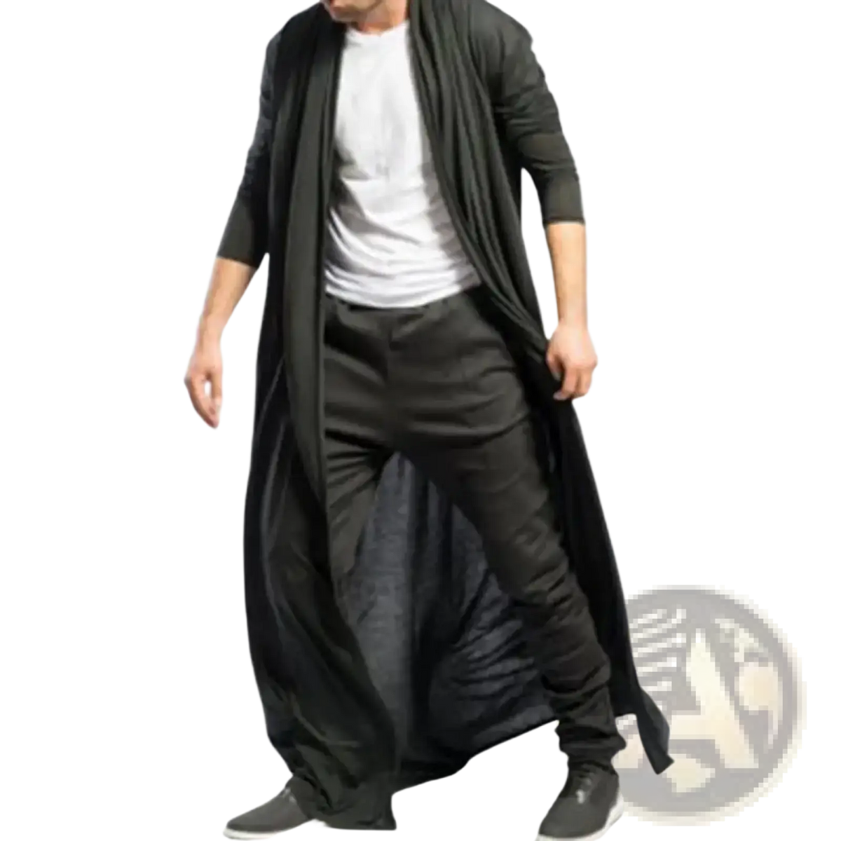 Mens long trench coat solid color open front jacket featuring a black long-sleeved cardigan with ribbed cuffs and flowing drape