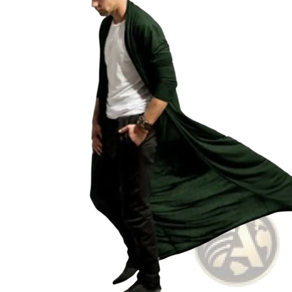Dark green long-sleeved open-front cardigan with flowing silhouette featured in mens long trench coat solid color jacket