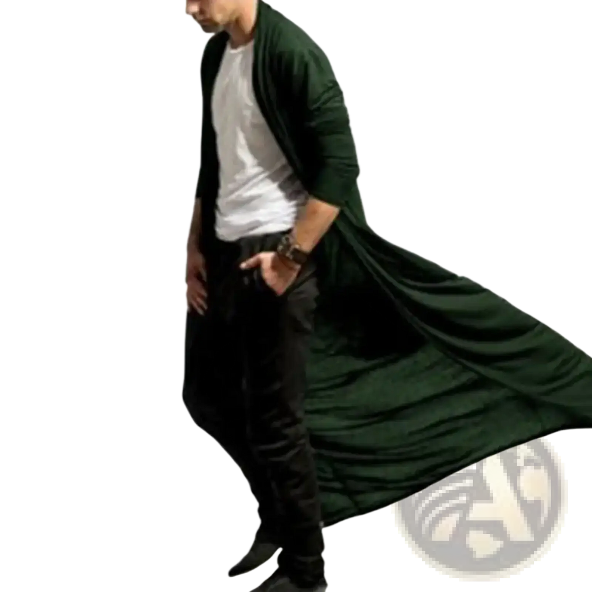 Dark green long-sleeved open-front cardigan with flowing silhouette featured in mens long trench coat solid color jacket